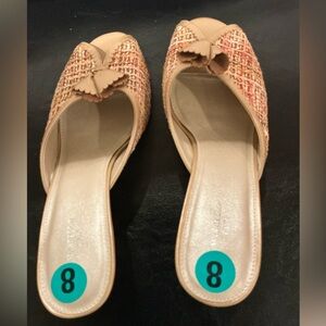 Marcello Paci Shoes Sz 8 Slides Kitten Heels Tweed Fabric Orange/Tan